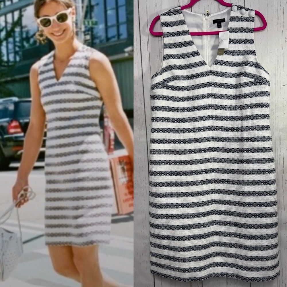 J.Crew Tweed Striped Sleeveless Shift Dress 14 Tall White Navy Textured Preppy